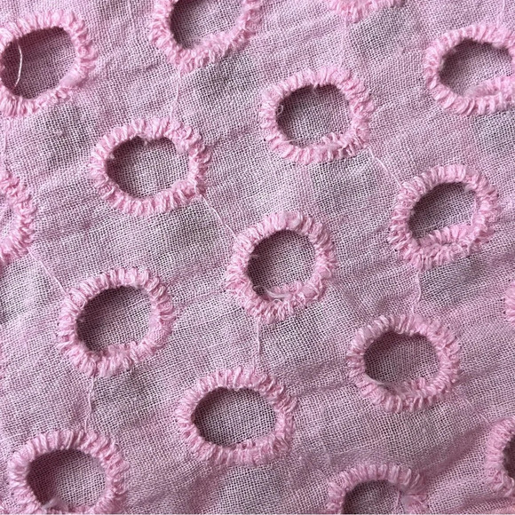 Lena Pink Sheer Eyelet Crochet Button Up Blouse Barbie Preppy Coastal M Y2k - Picture 12 of 12